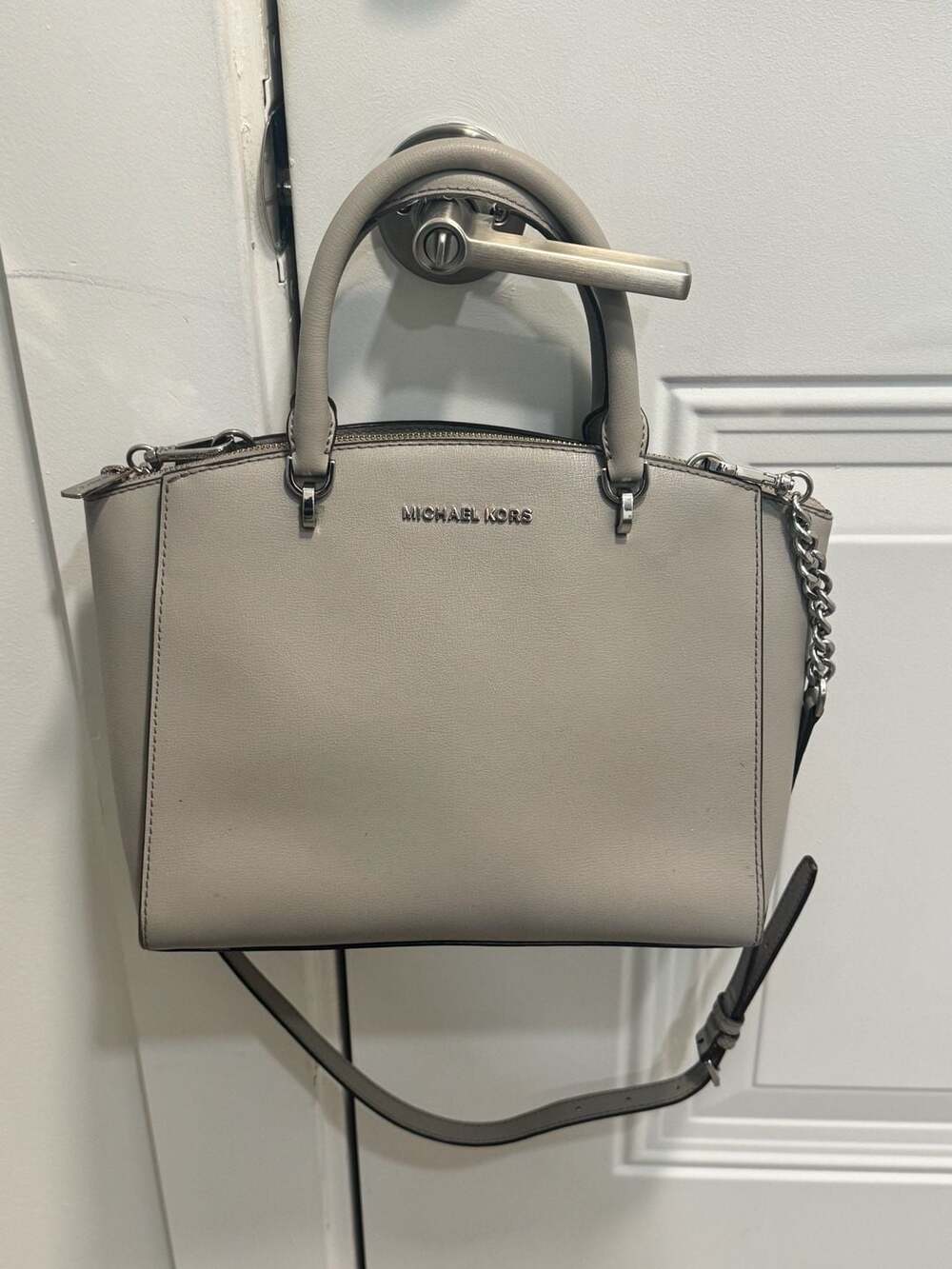 Michael Kors Large Leather Satchel Crossbody Bag Light Gray Silver Hardware